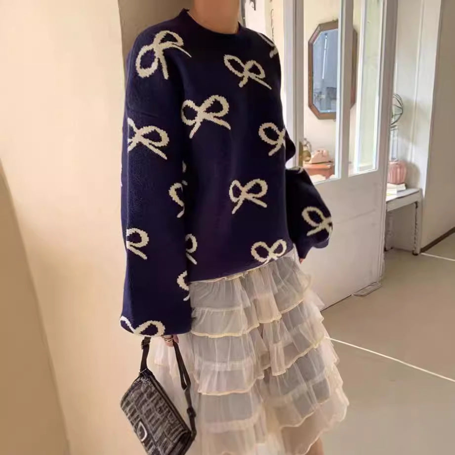 Damen Weicher Pullover mit romantischem Schleifenmuster Sovae