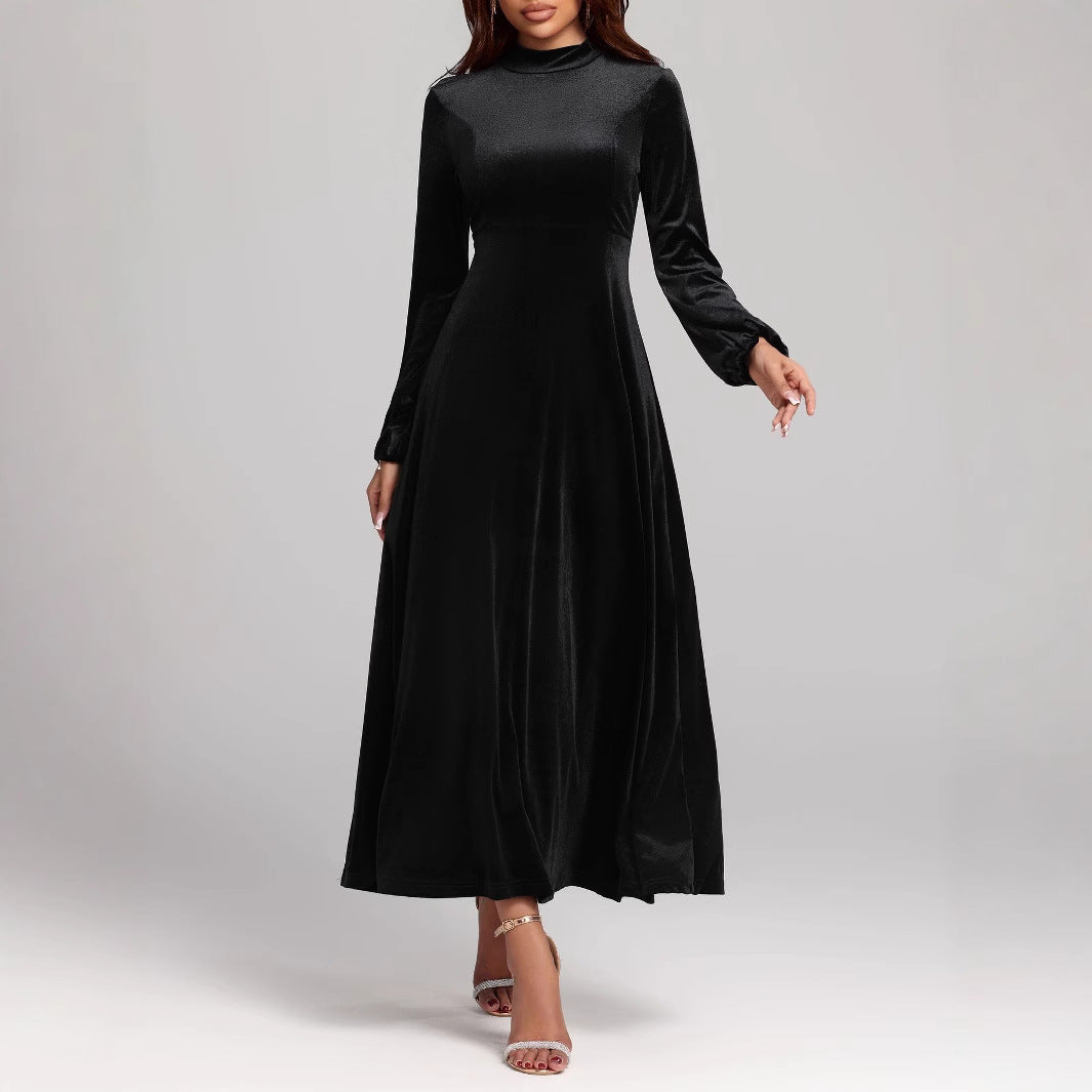 Damen elegantes Maxikleid aus hochwertigem Samt mit langem Arm und hohem Kragen Sovae