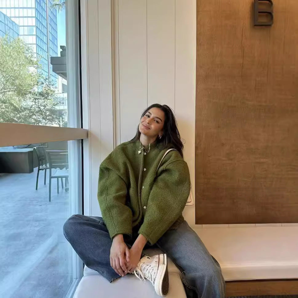 Damen modische Oversized-Jacke mit Stehkragen und seitlichen Taschen Sovae