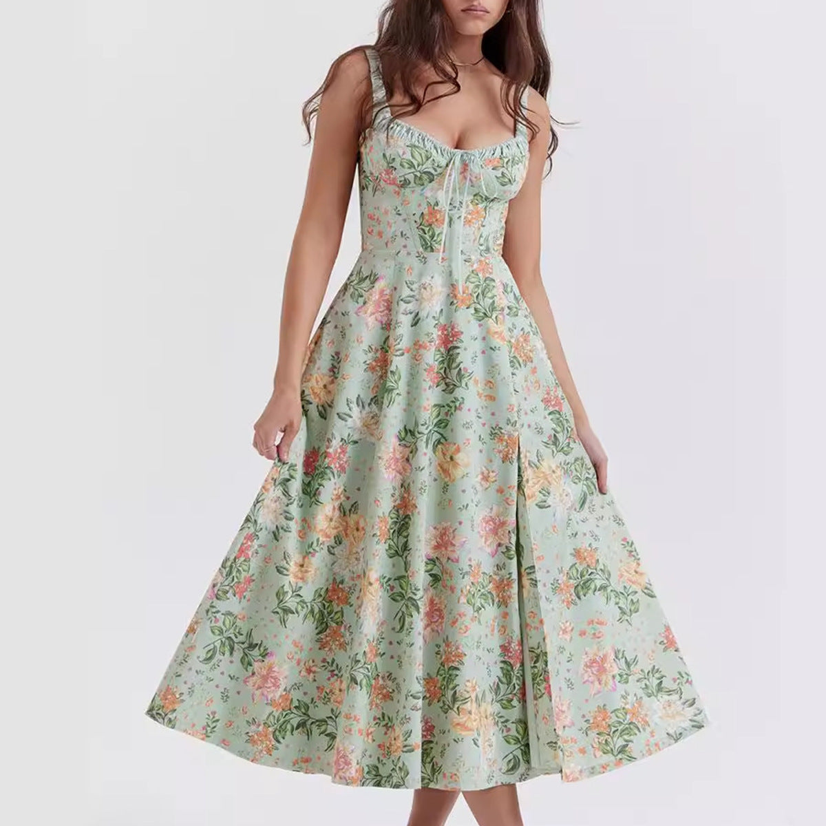 Damen Blühendes Sommer-Maxi-Kleid mit Spitze und gerafftem Oberteil Sovae