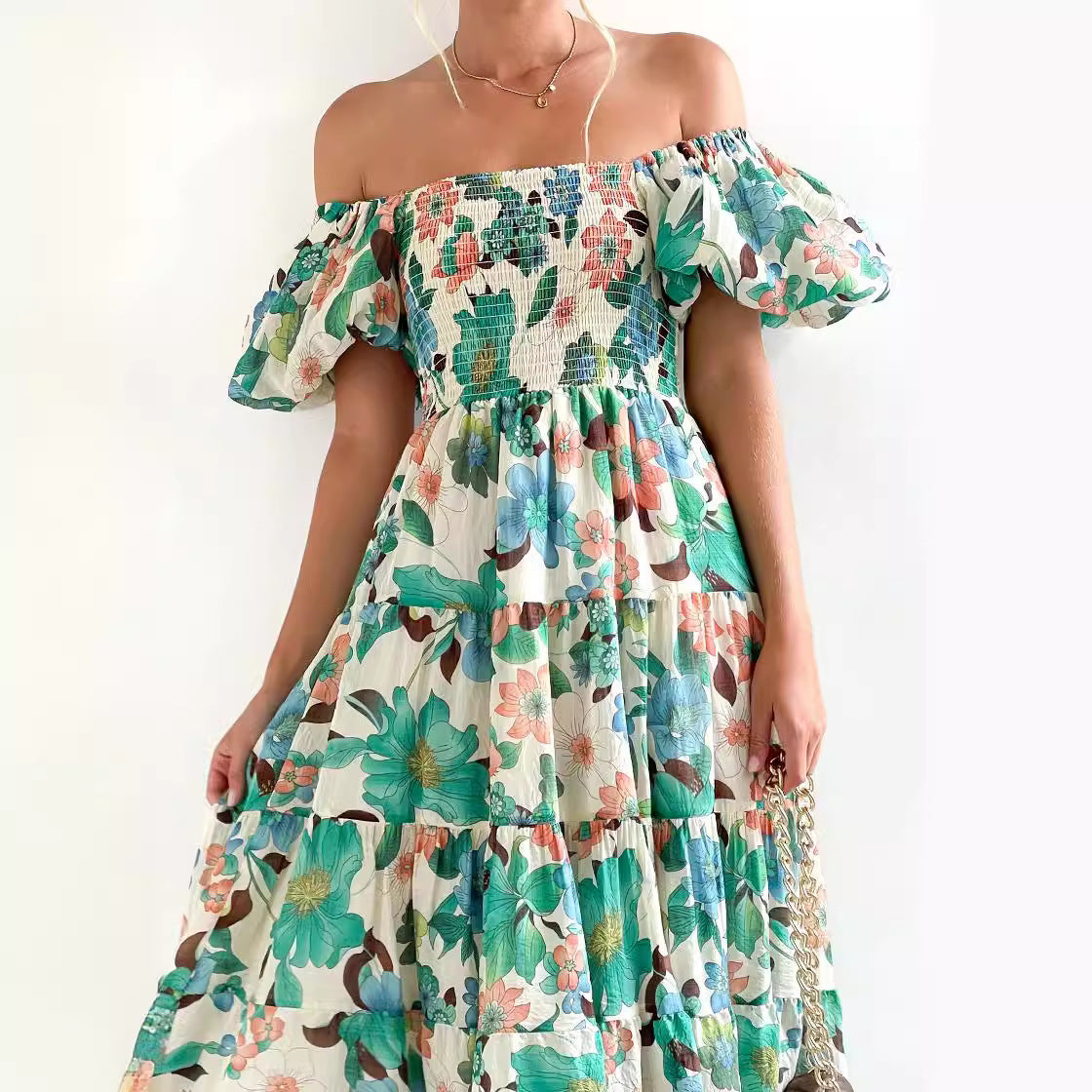 Damen Offshoulder Maxikleid mit voluminösen Ärmeln Sovae