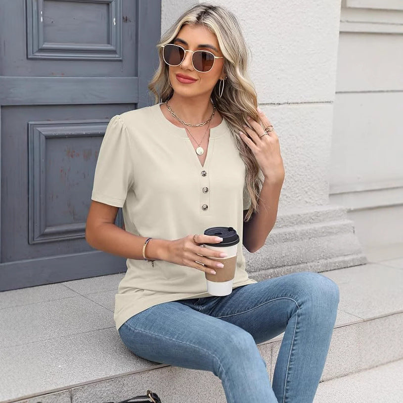 Damen modisches und bequemes Kurzarm-Shirt mit Knopfdetails Sovae