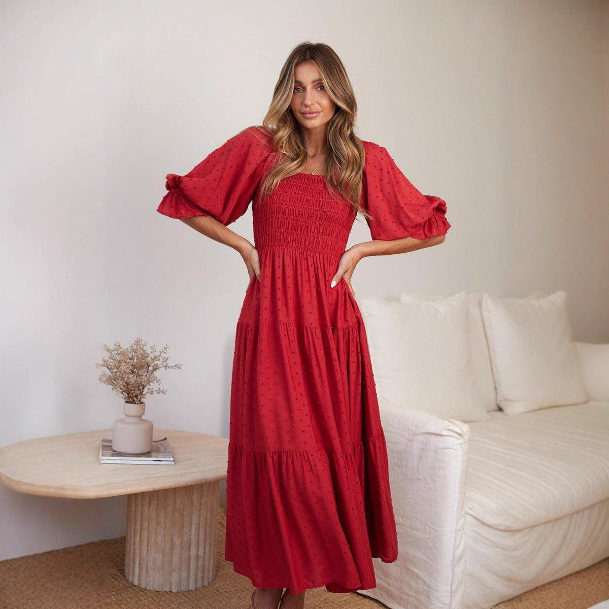 Damen Midikleid mit luftigen Ärmeln und ausgefallenem Volant Sovae