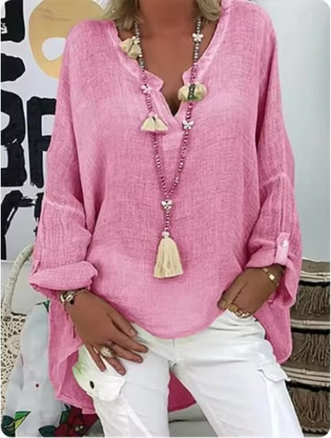 Damen lässiges Leinenbluse mit tiefem V-Ausschnitt und dekorativen Quasten Sovae