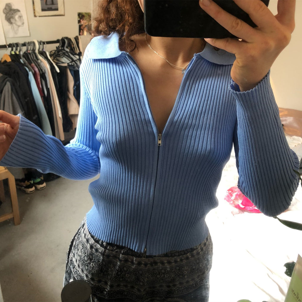Damen Strickjacke mit Reißverschluss und Kragen Sovae