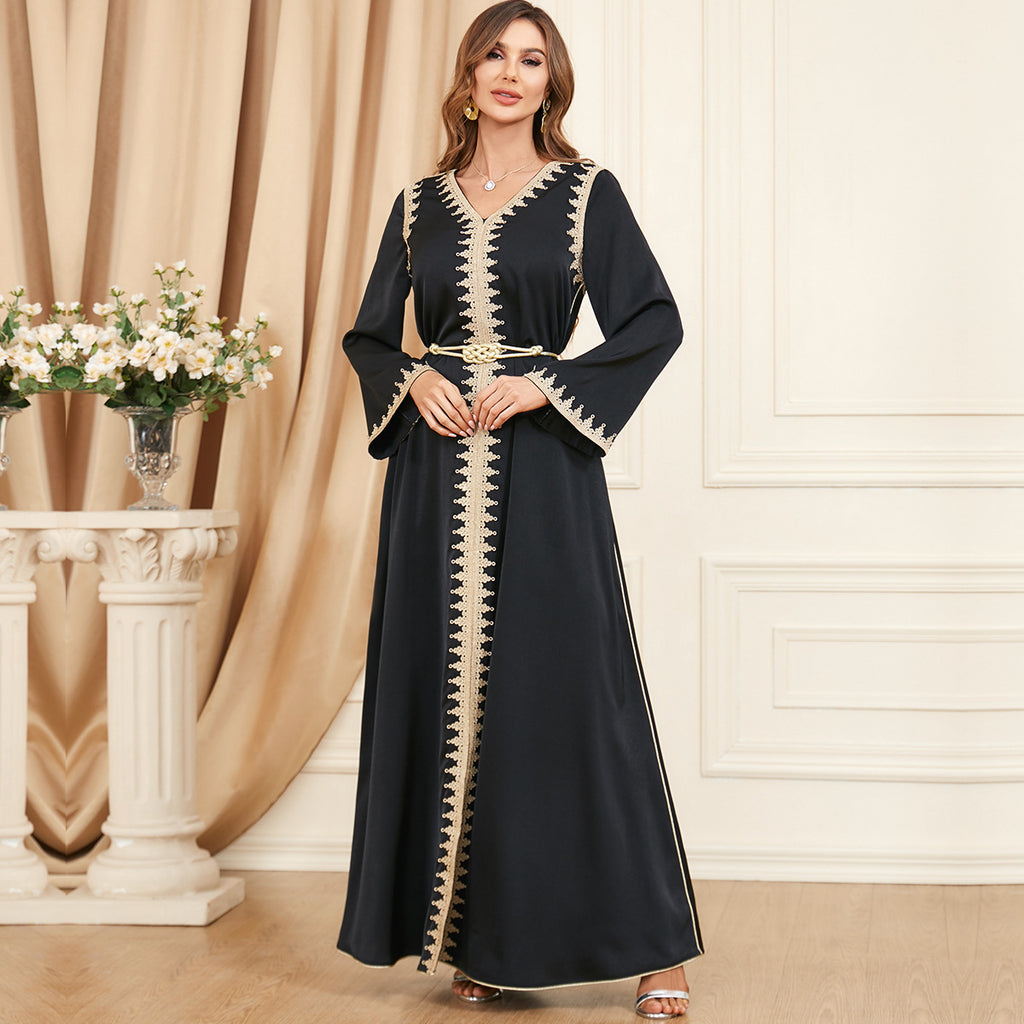 Damen Langes Maxikleid mit kunstvoller Goldborte Sovae