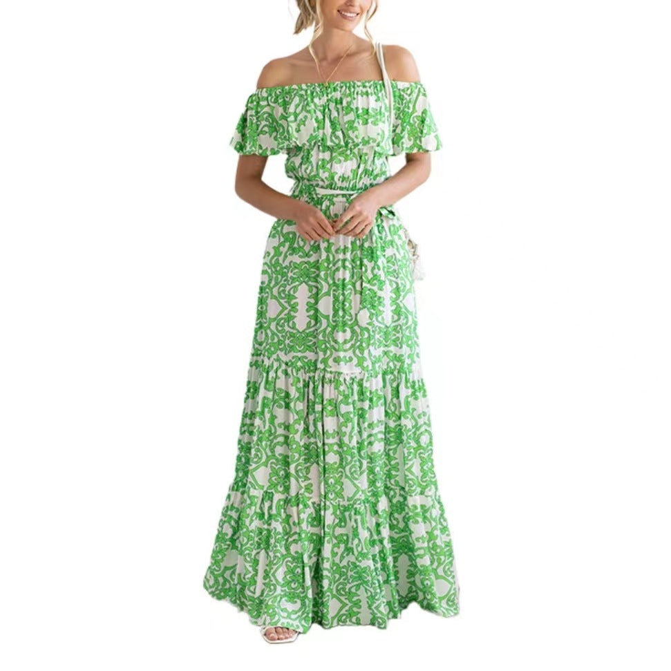 Damen Off-Shoulder Maxikleid mit floralem Muster und elastischem Taillengürtel Sovae