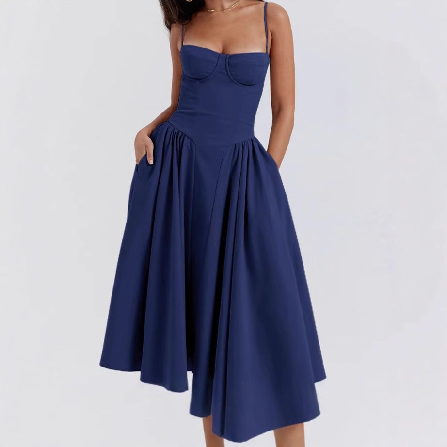 Damen Midikleid mit trägerlosem Design und voluminösem Faltenrock Sovae