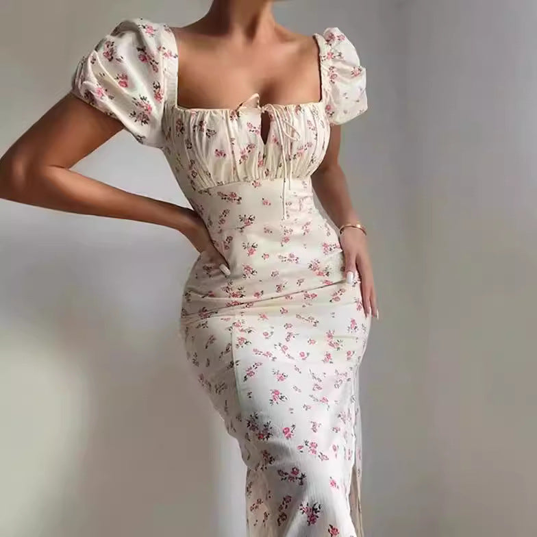 Damen romantisches Midi-Kleid mit Puffärmeln und floralem Muster Sovae