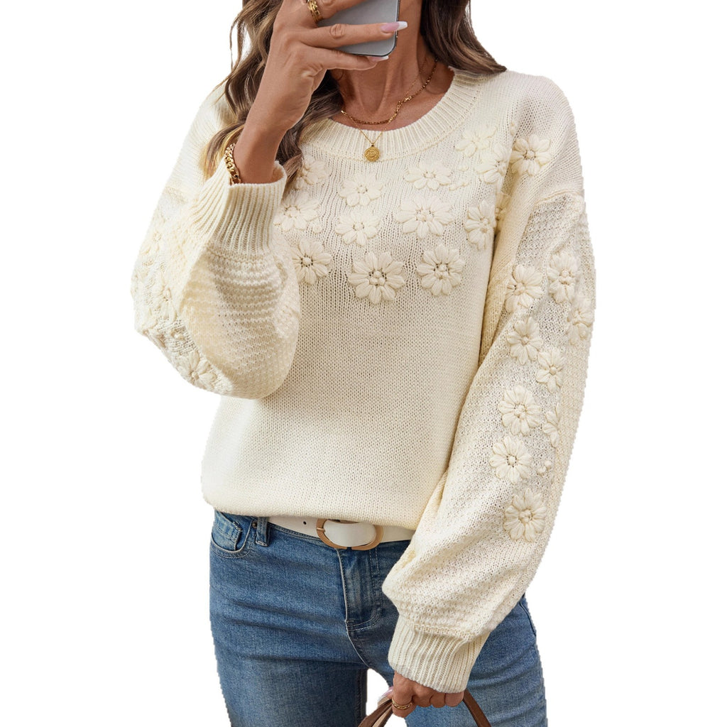 Damen modischer Pullover mit floralen Stickereien und strukturiertem Ärmel Sovae