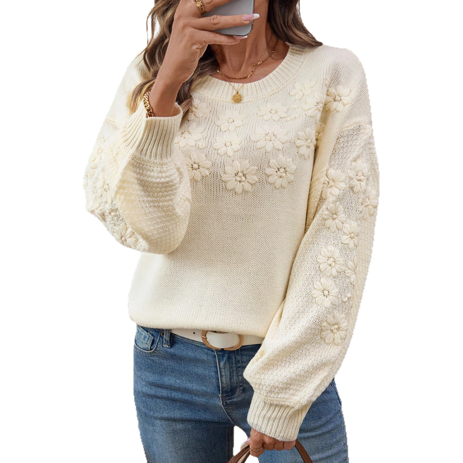 Damen modischer Pullover mit floralen Stickereien und strukturiertem Ärmel Sovae