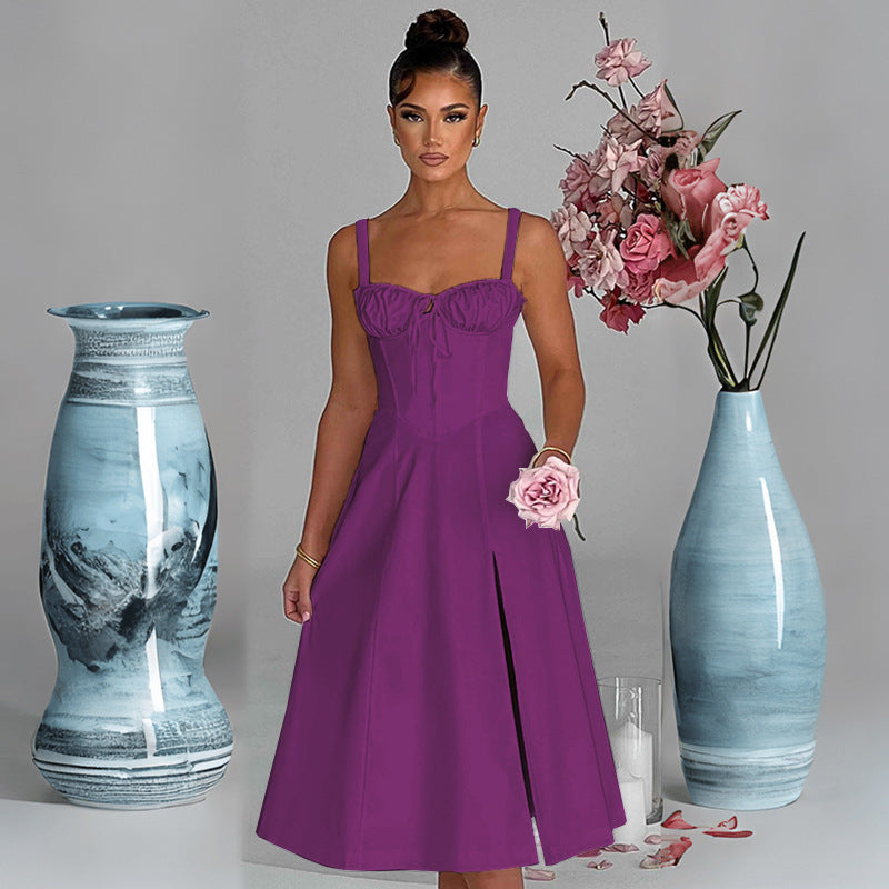 Damen Midikleid mit elegantem Schlitz und Rüschen Sovae