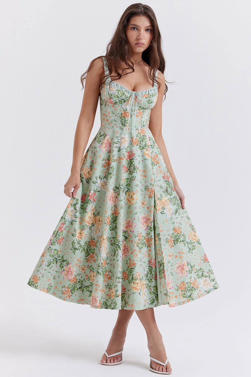 Damen Blühendes Sommer-Maxi-Kleid mit Spitze und gerafftem Oberteil Sovae