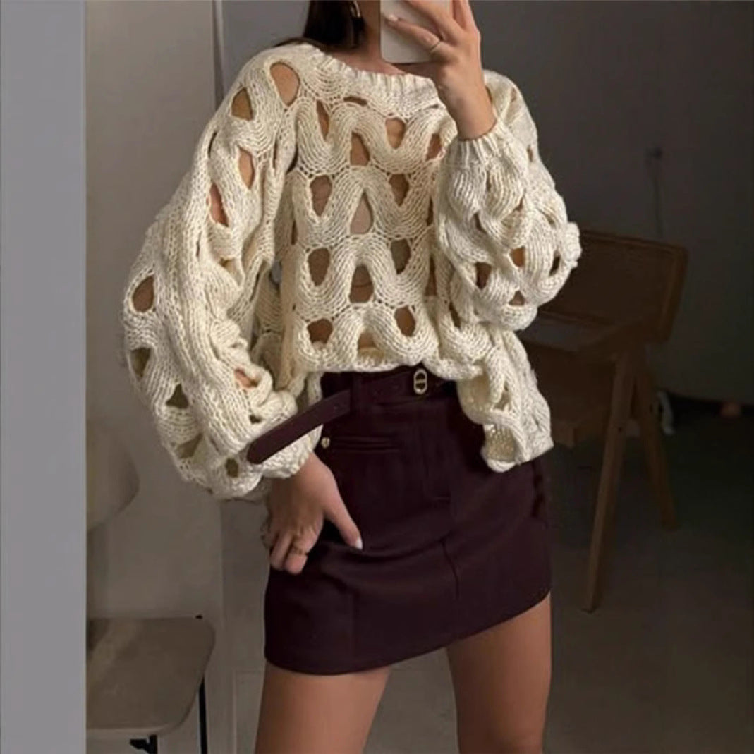 Damen lässiger Strickpullover im modernen Lochmuster Sovae