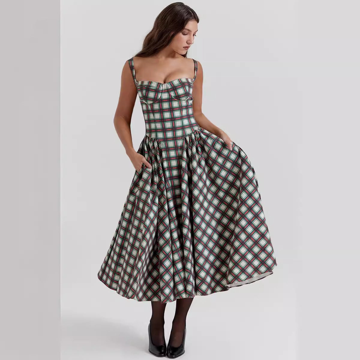 Damen Midikleid mit gerafftem Rock und modernem Karomuster Sovae