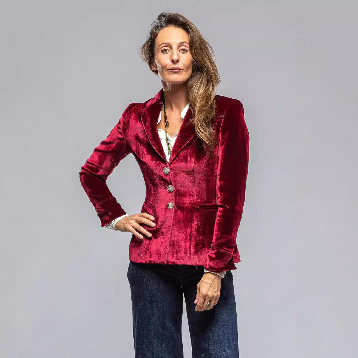 Damen eleganter Samtblazer mit Knöpfen Sovae