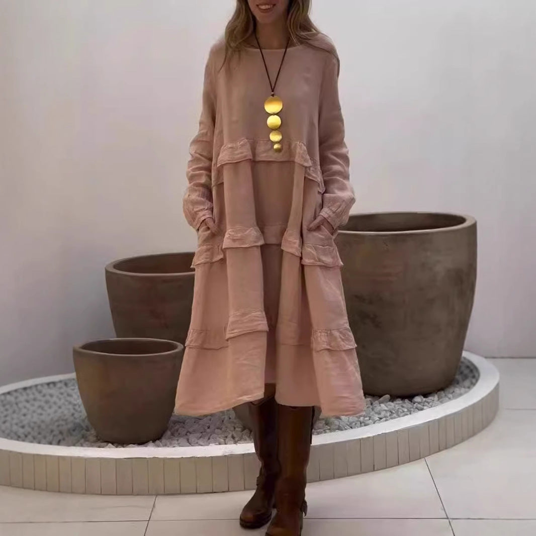 Damen luftiges Leinen-Midikleid mit Rüschendetails Sovae