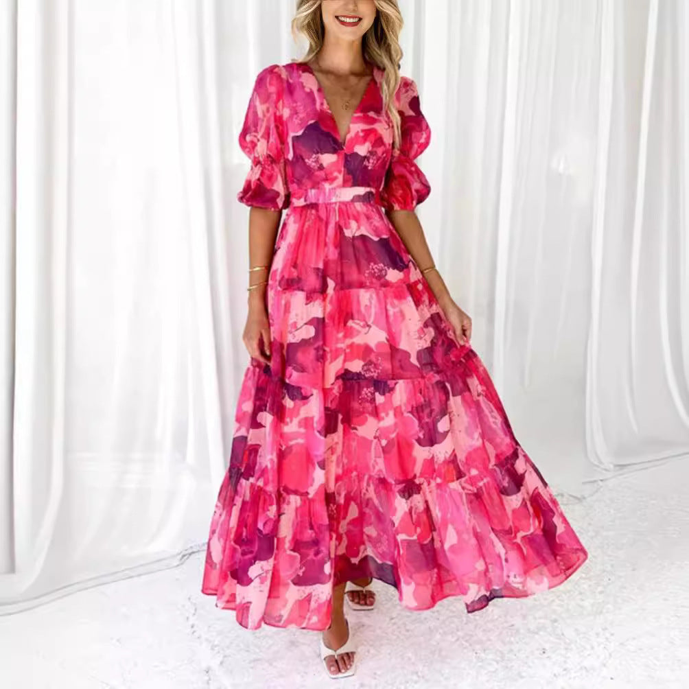 Damen Maxikleid mit voluminösen Rüschen und V-Ausschnitt Sovae