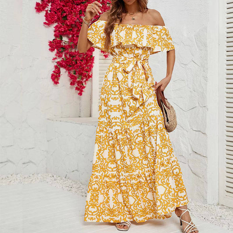 Damen Off-Shoulder Maxikleid mit floralem Muster und elastischem Taillengürtel Sovae