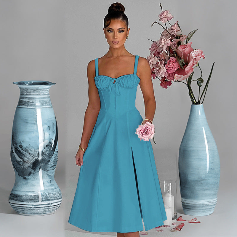Damen Sommerliches Midi-Kleid mit Raffungen und Seitenschlitzen Sovae