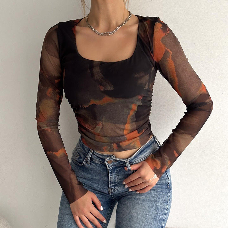 Damen transparenter Oberteil mit floralem Design und Quadrat-Ausschnitt Sovae