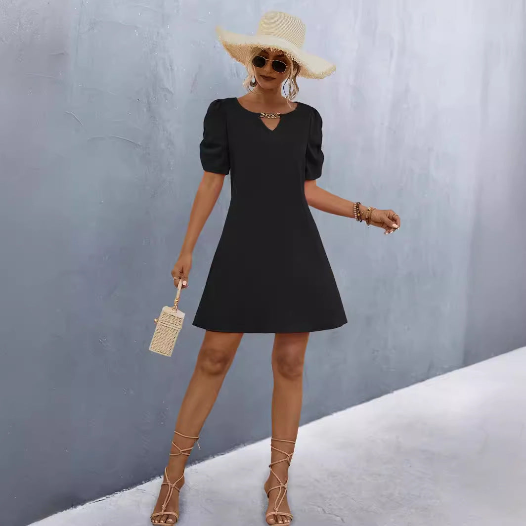Damen elegantes Kurzarmkleid mit schickem Ausschnitt und verspielten Puffärmel Sovae