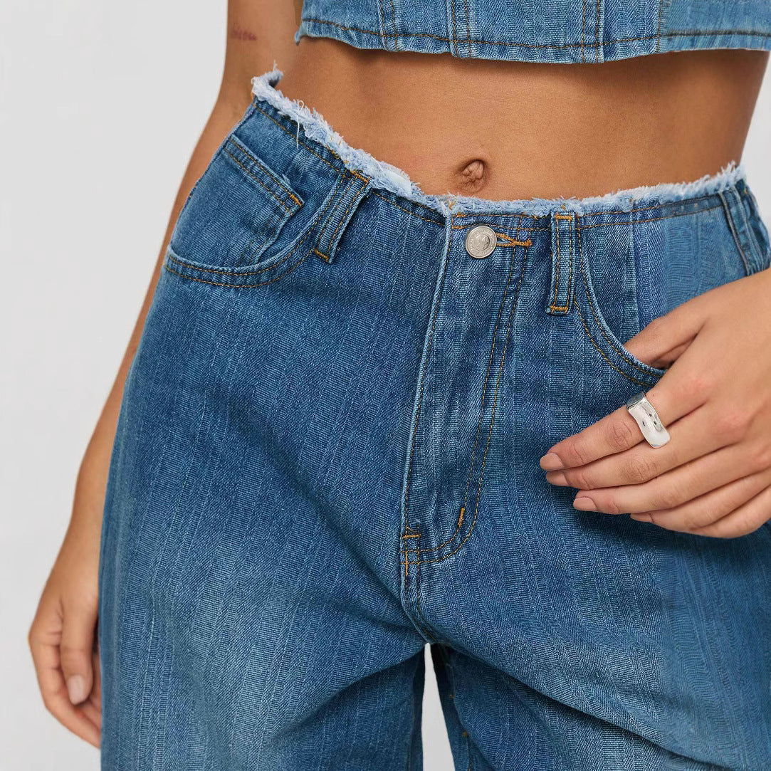 Damen Weit geschnittene High-Waist Jeans mit Fransen Sovae