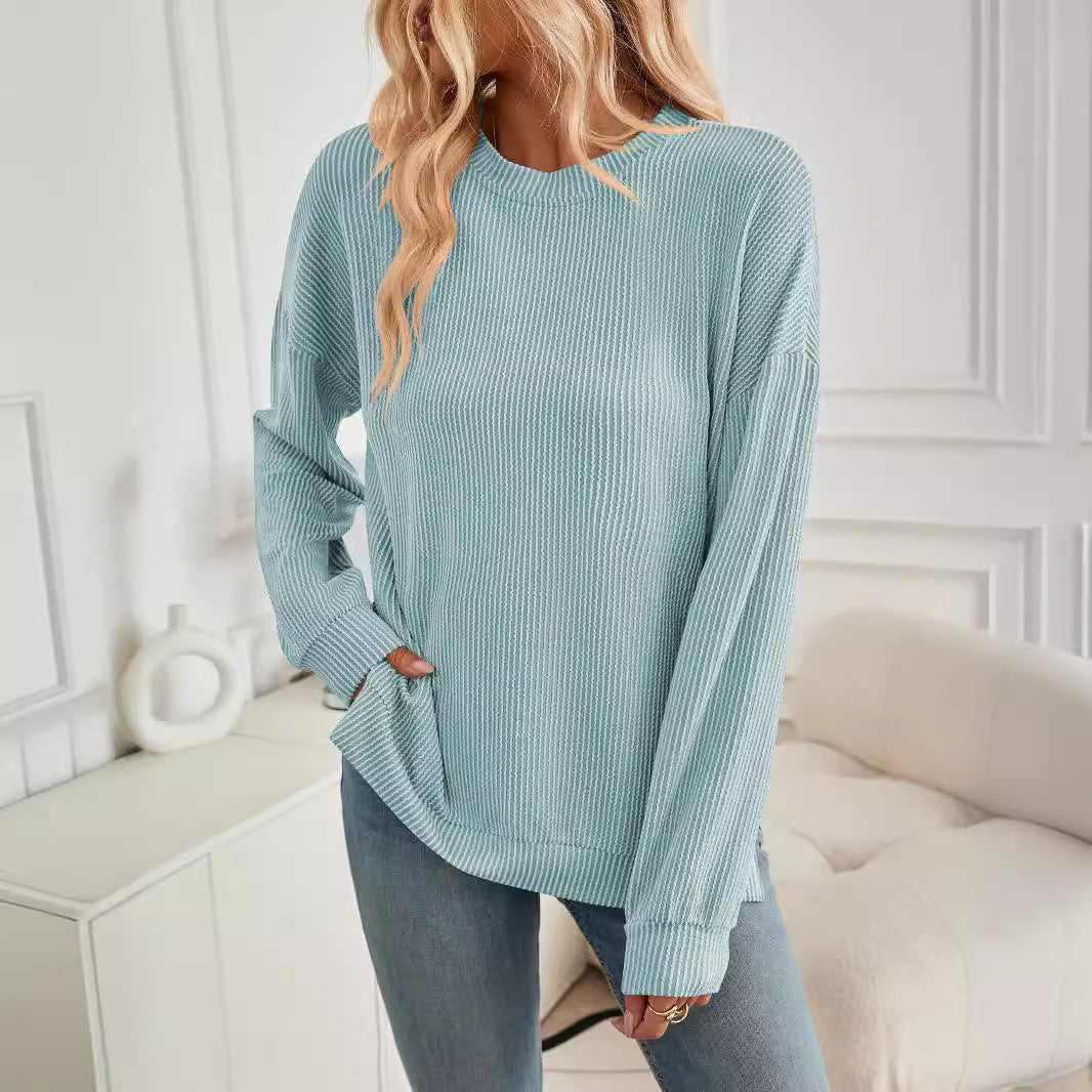 Damen lässiger Rippstrickpullover mit überschnittenen Schultern und Seitenschlitzen Sovae