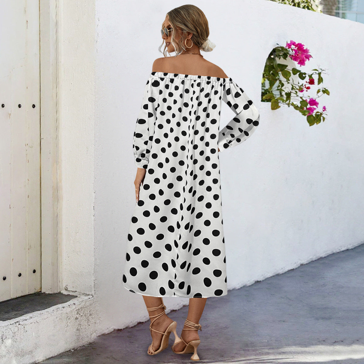 Damen Off-Shoulder Maxikleid mit Polka-Dots und elastischem Bund Sovae