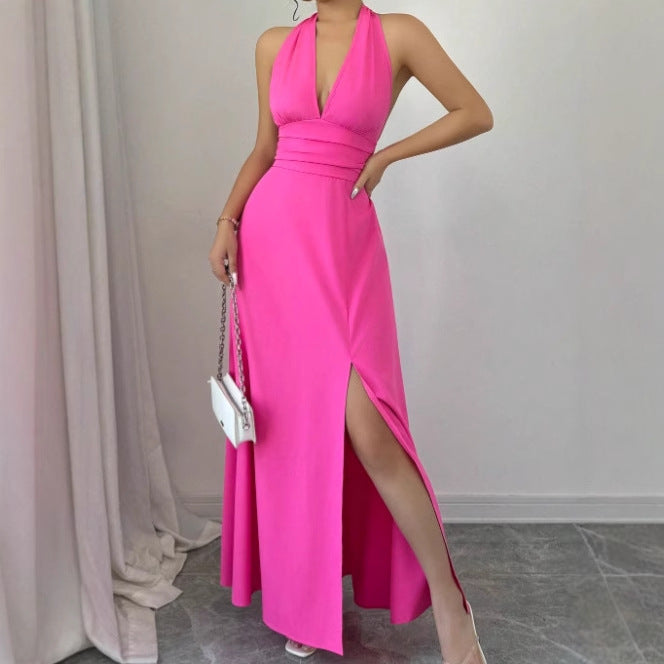 Damen schulterfreies Maxikleid mit verführerischem V-Ausschnitt und hochgeschlitztem Rock Sovae