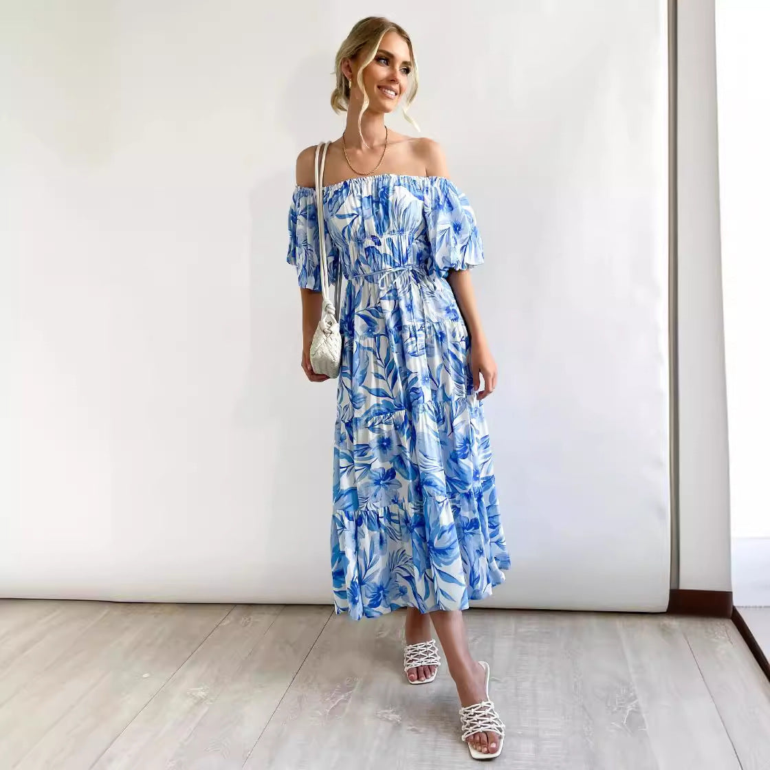Damen maxi Kleid mit Off-Shoulder Design und floraler Prints Sovae
