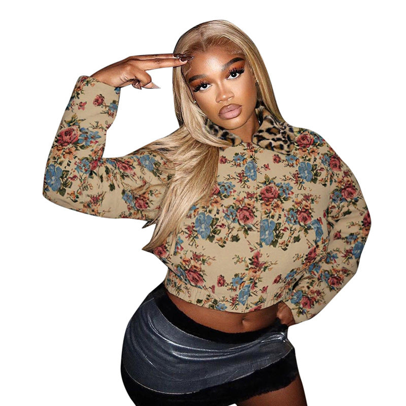 Damen Modische Blütenmusterjacke mit Leopardenkragen Sovae