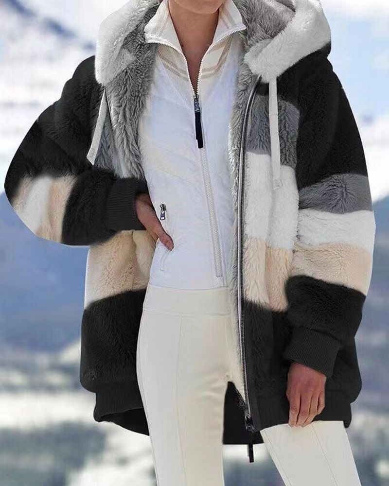 Damen Gemütliche Fleecejacke mit Kapuze und farblich abgestimmten Streifen Sovae