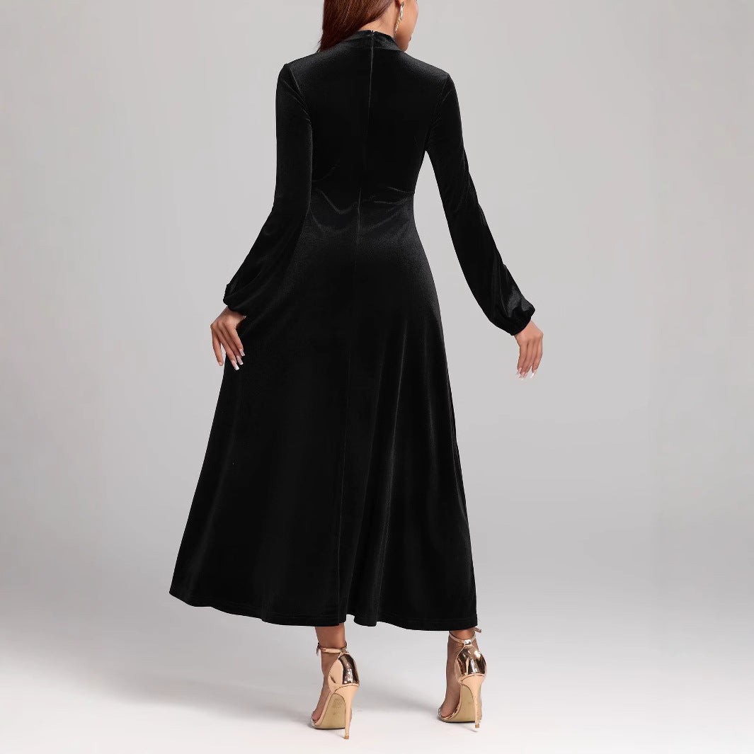 Damen elegantes Maxikleid aus hochwertigem Samt mit langem Arm und hohem Kragen Sovae