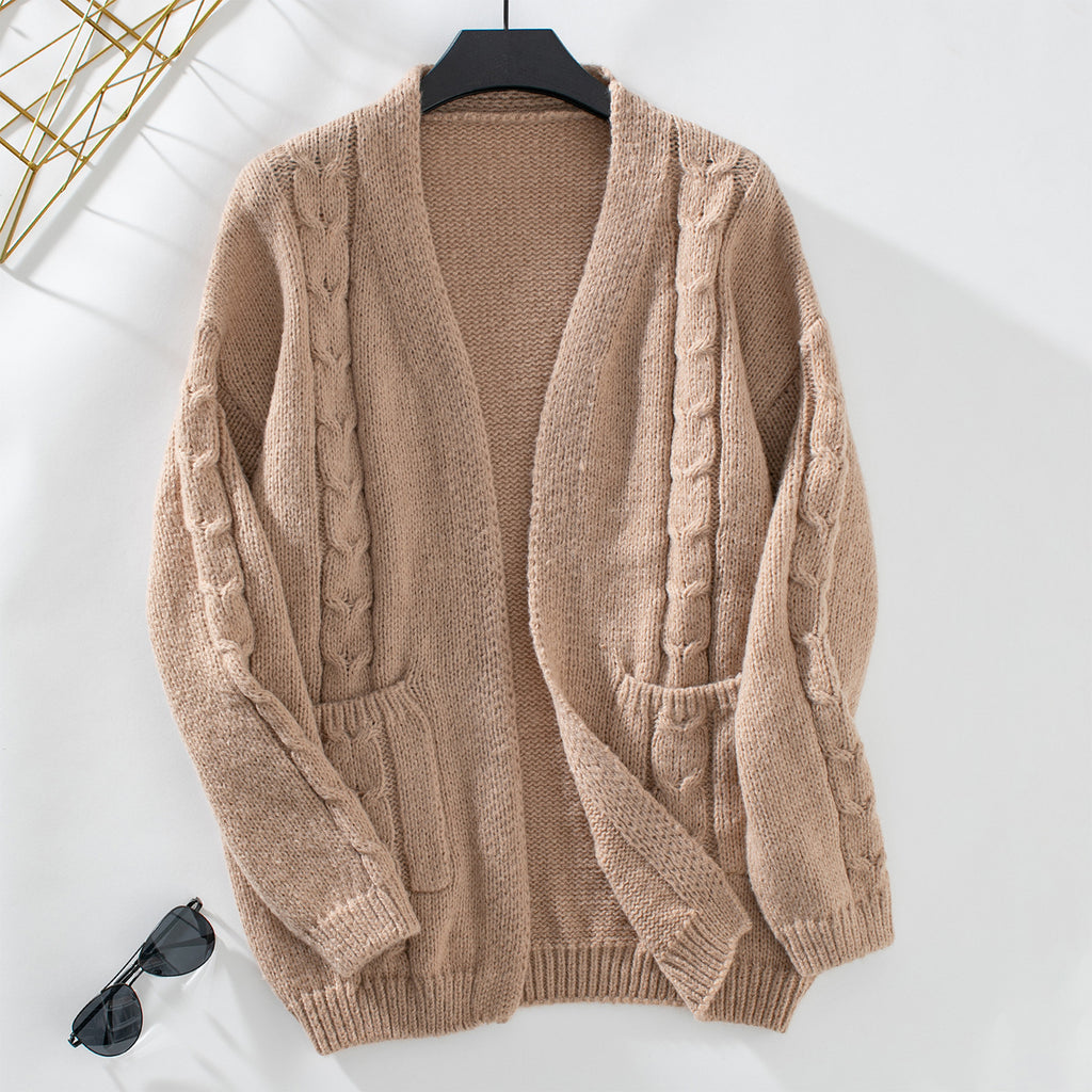 Damen Strickjacke mit Zopfmuster und Taschen Sovae