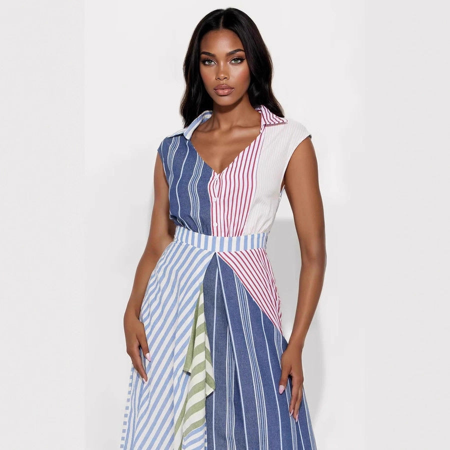 Damen Maxikleid mit verschiedenen Streifenmustern und tailliertem Schnitt Sovae