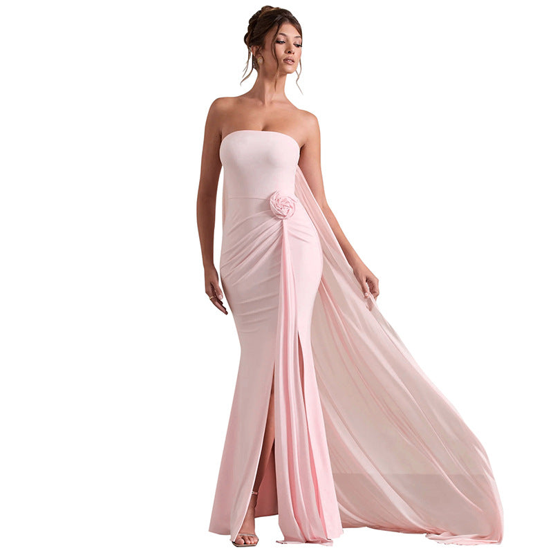 Damen elegantes langes Kleid mit transparenten Ärmeln Sovae