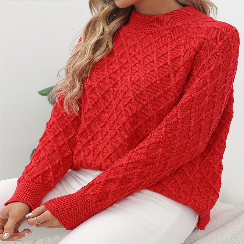 Damen stylischer Strickpullover mit Rautenmuster und hohem Kragen Sovae