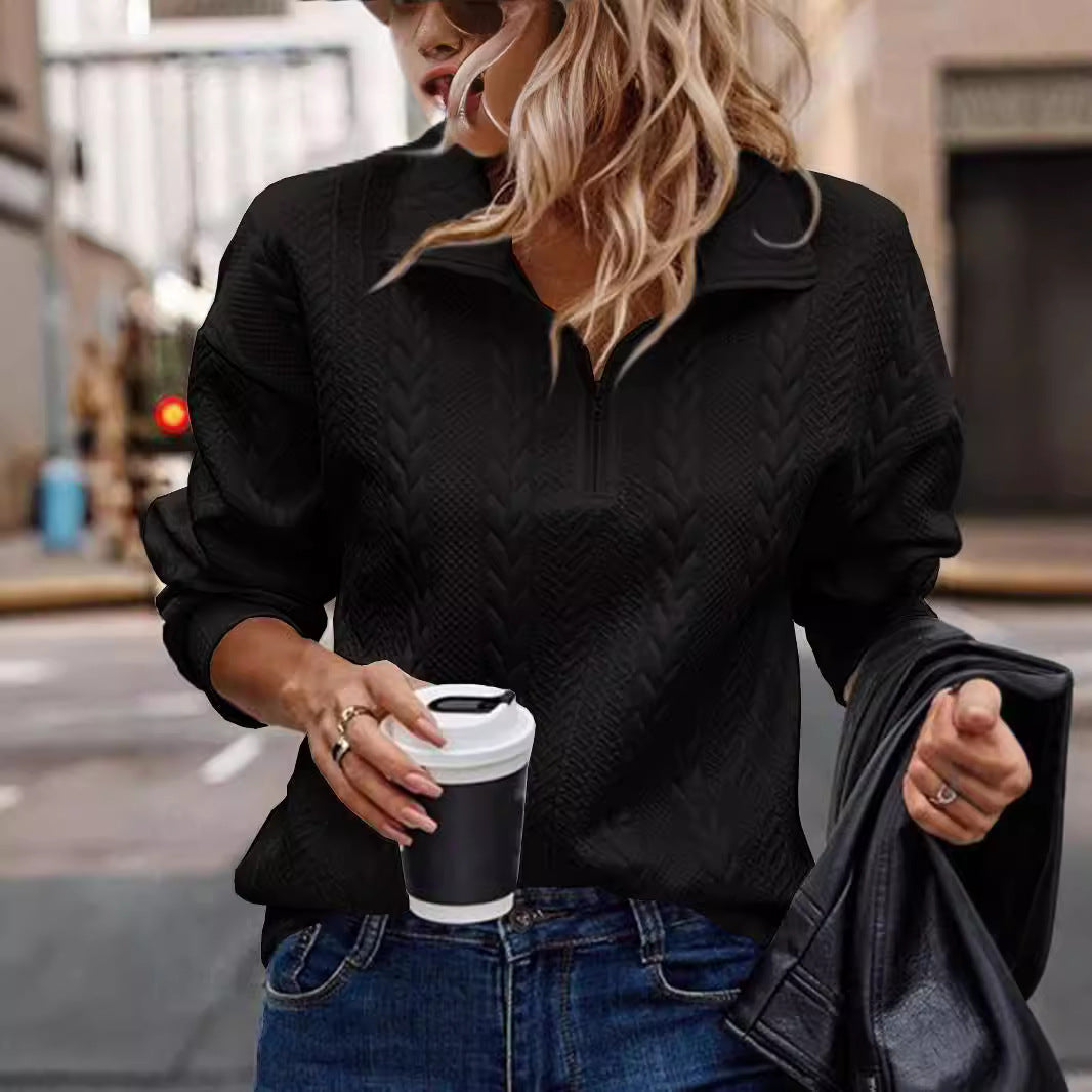 Damen Hochwertiger Pullover mit Zipper und Zopfmuster Sovae
