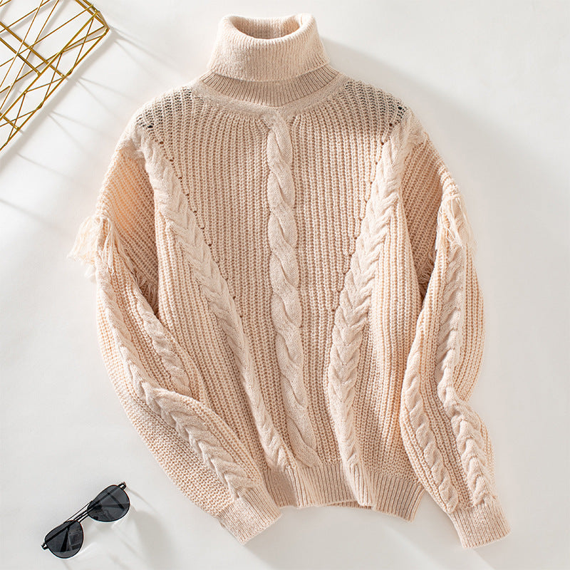 Damen Strickpullover mit hohem Kragen und Zopfmuster Sovae