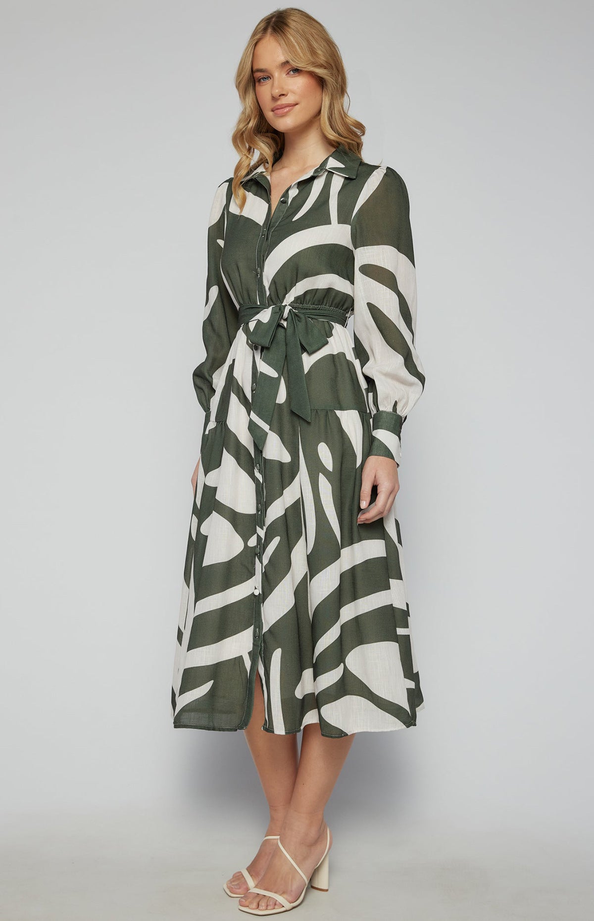 Damen Midi-Kleid mit tailliertem Gürtel und modernem Muster Sovae