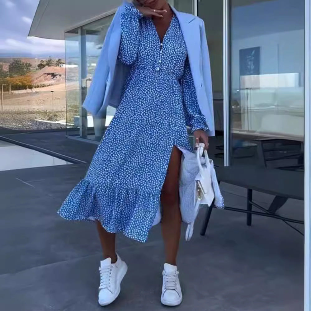 Damen Midikleid mit fließendem Schnitt und eleganten Rüschen Sovae