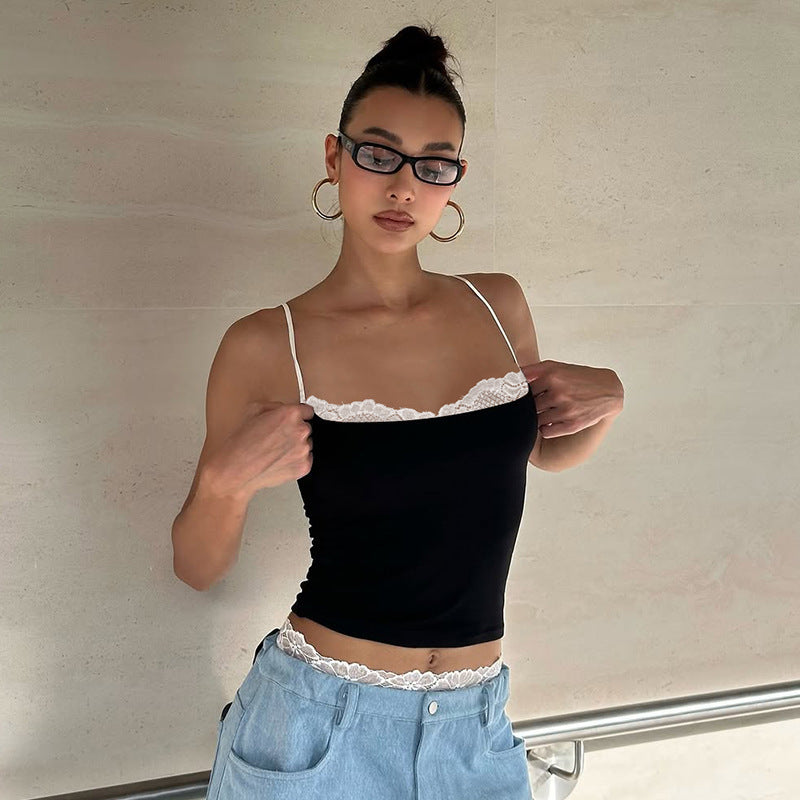 Damen Spaghettiträger Shirt mit Spitze Sovae