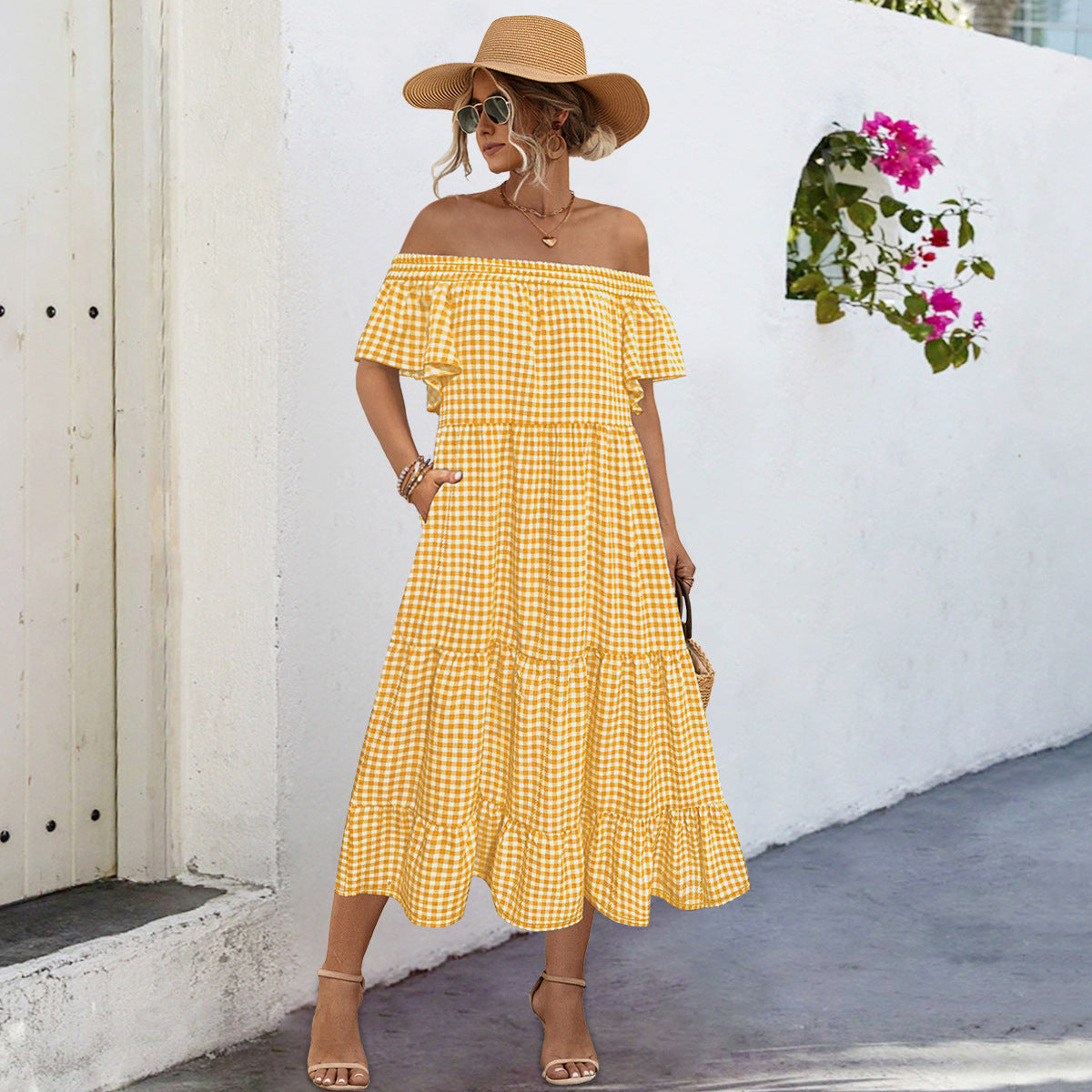 Damen Off-Shoulder Maxikleid mit raffinierten Rüschendetails und lockerer A-Linien-Silhouette Sovae