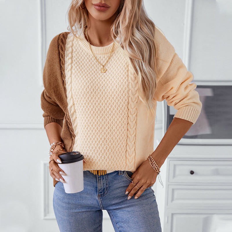 Damen modischer Pullover mit strukturiertem Zopfmuster und innovativem Farbblockdesign Sovae