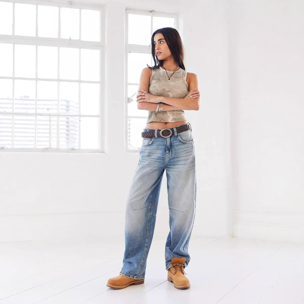 Damen Weit geschnittene Jeans mit lässigen Waschungseffekten Sovae