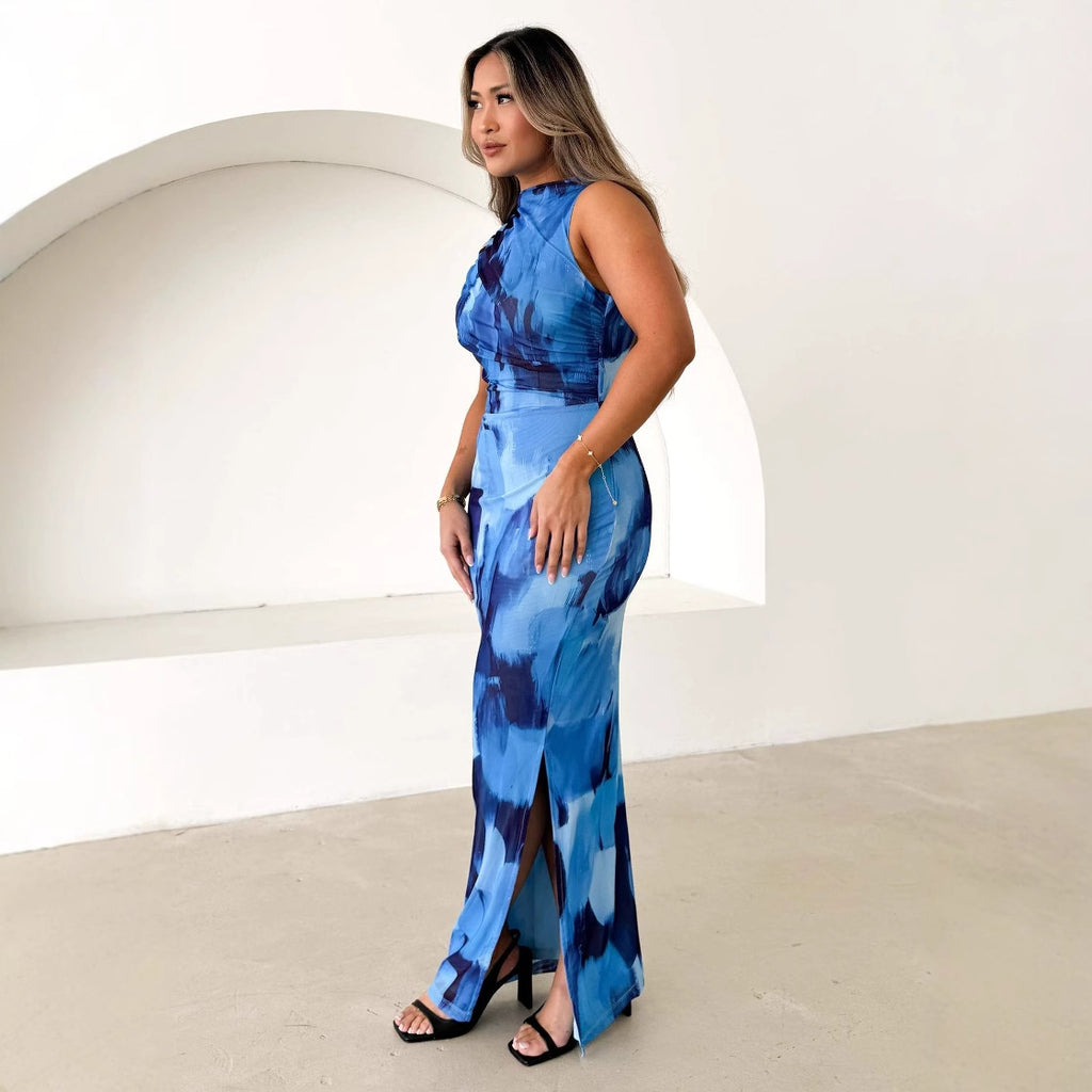 Damen elegantes Maxikleid mit asymmetrischem Schnitt und seitlichem Hochschlitz Sovae