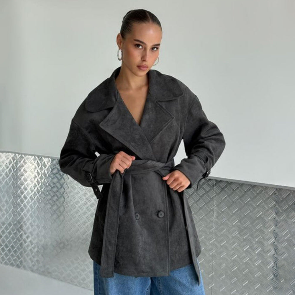 Damen Elegante suède Jacke mit Gürtel Sovae