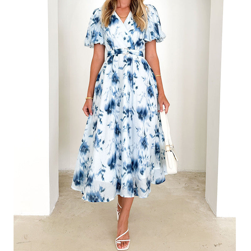 Damen Maxikleid mit eleganter Wickeloptik und voluminösen Ärmeln Sovae