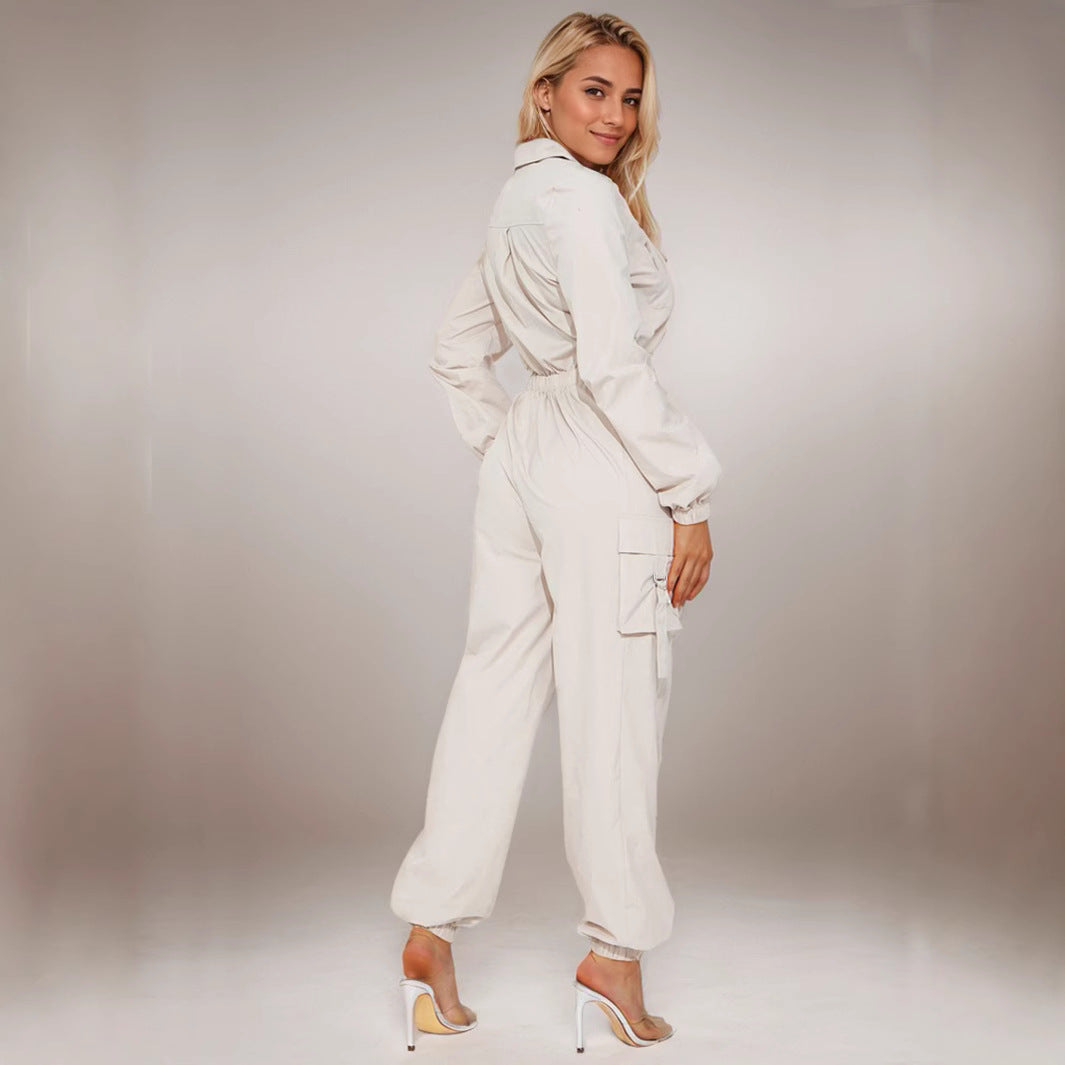 Damen Utility Jumpsuit mit Reißverschluss und Kordelzug Sovae